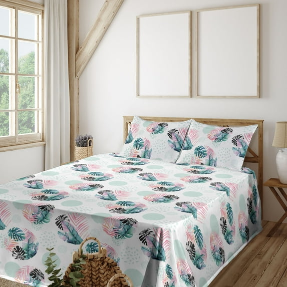 Ambesonne Tropical Fitted & Flat Sheet with Shams 4 Pcs Set, Exotic Foliage Circles Art, Full, Almond Green Dark Coral
