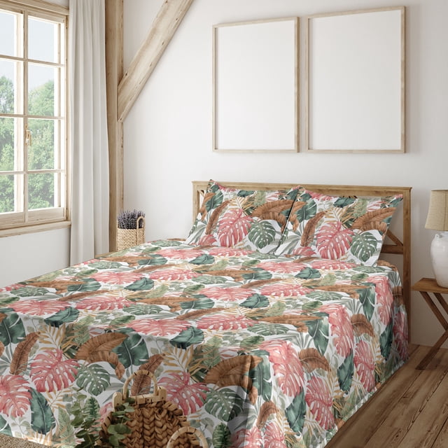 Tropical Sheet Set, Watercolor Style Monstera Palm Banana Leaves Plain
