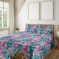 thumbnail image 1 of Ambesonne Tropical Fitted & Flat Sheet with Shams 4 Pcs Set, Overlapped Exotic Foliage, Queen, Dark Magenta and Sea Blue, 1 of 1