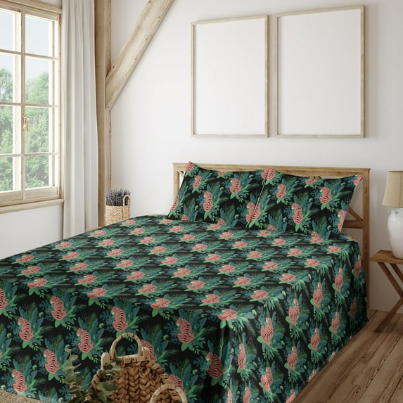 Ambesonne Tropical Fitted & Flat Sheet with Sham 3 Pcs Set, Tiger and Chameleon Print, Twin, Salmon Peacock Green