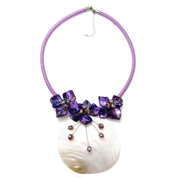 Tropical Shell Medallion with Purple Flower Accents Statement Necklace