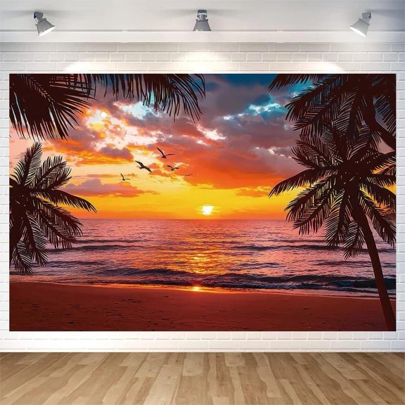Tropical Shoreline Dusk Radiance Photography Background Oceanfront Palm Tree Wall Hanging Aloha Beach