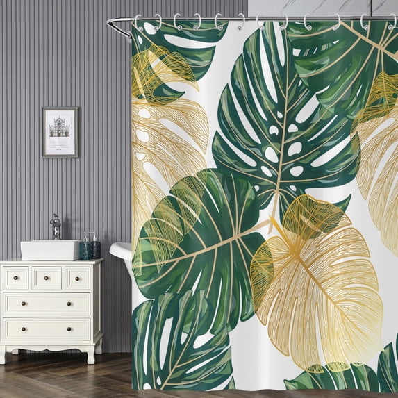 Tropical Shower Curtain for Bathroom Green Gold Palm Leaves Plants Pattern Botanical Bath Curtains Waterproof Fabric with Hooks for Home Decor, 72Wx84H