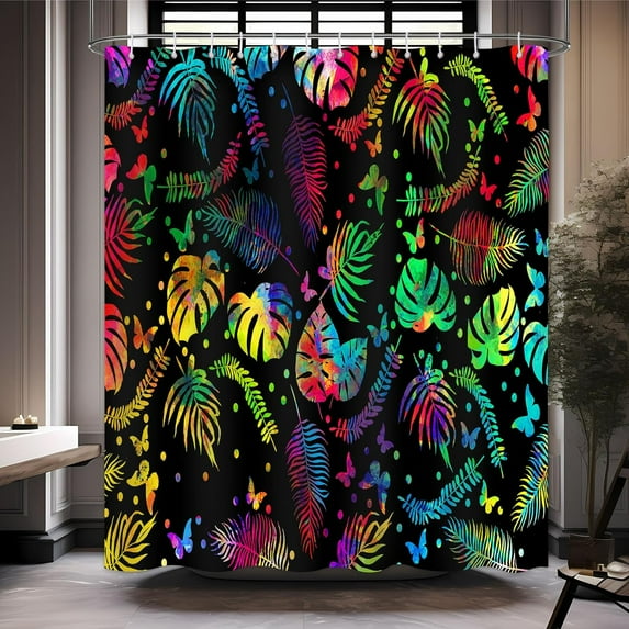 Tropical Shower Curtain, Colorful Leaf Shower Curtain, Tropical Leaves Butterfly Shower Curtain Set Waterproof Bath Curtain Bathroom Decor with 12 Hooks, 72x72 inches