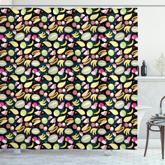 Tropical Shower Curtain, Graphic Pattern of Tropical Exotic Pappy Fruits Such as Mango Rambutan and Guava, Fabric Bathroom Set with Hooks, 69W X 84L Inches Extra Long, Multicolor, by Ambesonne