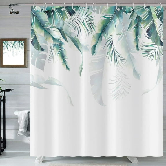 Tropical Shower Curtain, Green Palm of Leaves Forest Leaf Pattern Plants Botanical Bath Curtains Waterproof Fabric with Hooks for Home Decor, 72Wx72H