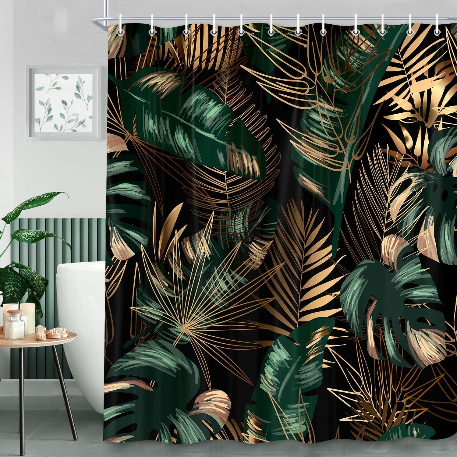 Tropical Shower Curtain,Green Plants Leaves Gold Botanical Jungle Bathroom Decor Shower Curtain Sets,Black Polyester Fabric with 12 Plastic Hooks 72X84in