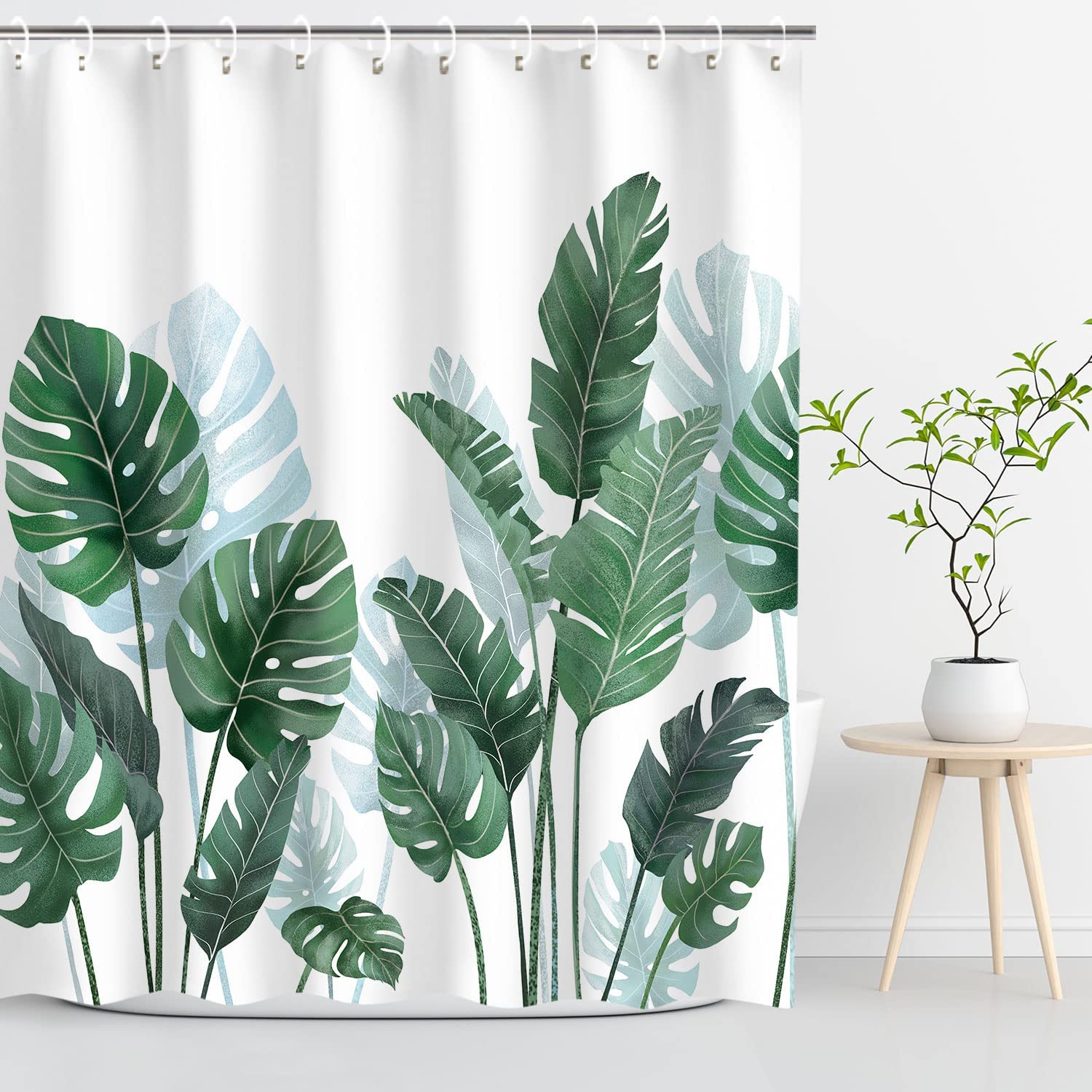 Tropical Shower Curtain, Green Shower Curtain, Plant Shower Curtain, Leaf Shower Curtain, Botanical Shower Curtain Set with 12 Hooks, Jungle Shower Curtain for Bathroom Decor, 72X84 inches