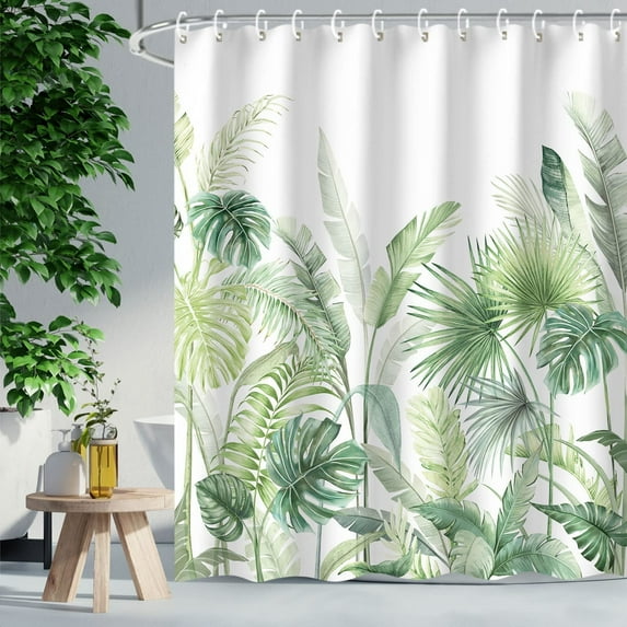 Tropical Shower Curtain, Green Shower Curtain, Plant Shower Curtain, Leaf Shower Curtain, Botanical Shower Curtain Set with 12 Hooks, 72x72 inches