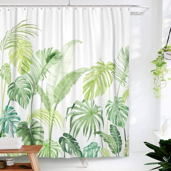 Tropical Shower Curtain, Leaves Jungle Shower Curtain Palm Bathroom Shower Curtain Set Heavyweight with 12 hooks, Green white 72" x 72"