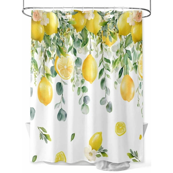 Tropical Shower Curtain, Lemon Leaf Fruit Bathroom Decor Curtains Set with Hooks, Yellow Green White Waterproof Fabric Home Accessories, Stall 48 X 72 Inch