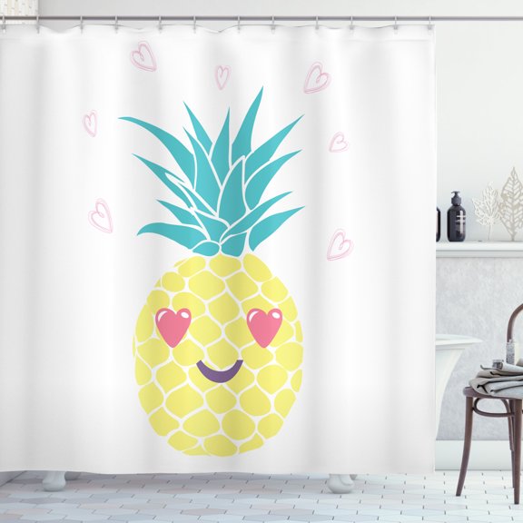 Tropical Shower Curtain, Pineapple Design with a Smile and Heart Eyes Tropical Love Themed Fruit Portrait, Fabric Bathroom Set with Hooks, 69W X 70L Inches, Multicolor, by Ambesonne