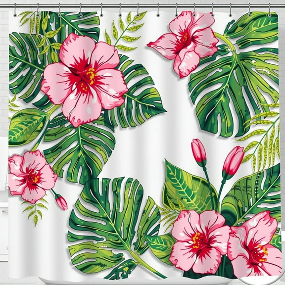 Tropical Shower Curtain - Pink Flowers & Green Leaves