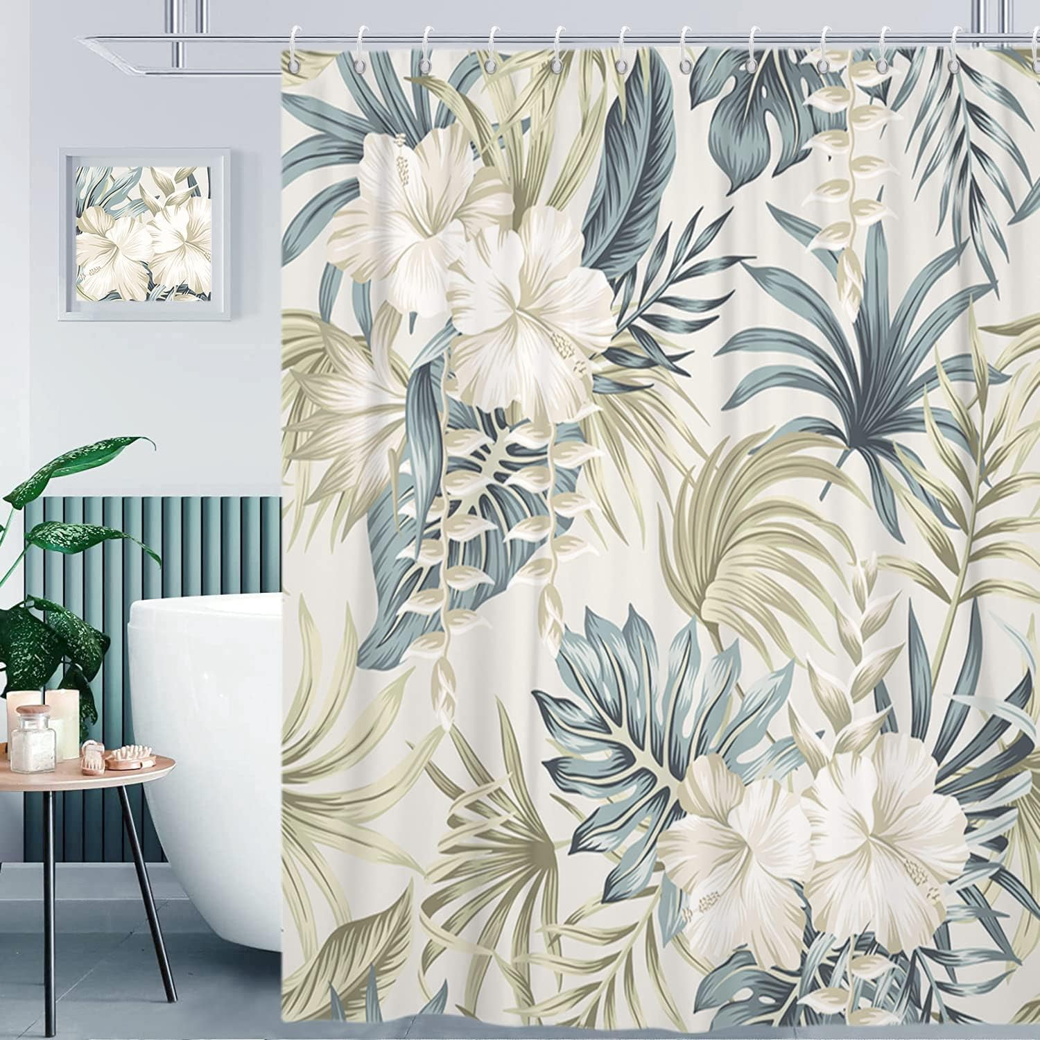 Youyouplus Watercolor Floral Shower Curtain - 70.8x70.8 Inch, Waterproof Polyester, Green Leaves Pattern, 12 Hooks - View #2
