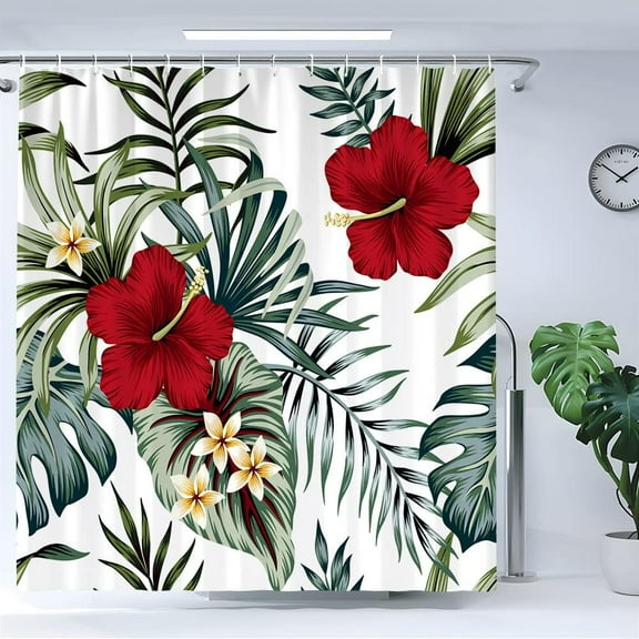 Tropical Shower Curtain Sage Green Plant Red Flower Palm Tree Leaf Floral Boho Hawaii Jungle Botanical Hibiscus Plumeria Nature Herb Modern Art Bathroom Decor With Hooks 36"W x 72"L (Pack of 1)
