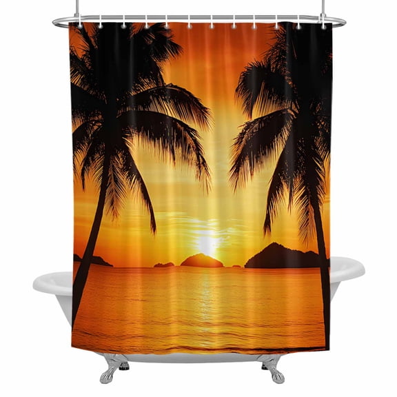 Tropical Shower Curtain Set with Hooks, Coconut Beach Sunset Waterproof Fabric Bathroom Curtains Decor Home Accessories,72 X 72 Inch Long