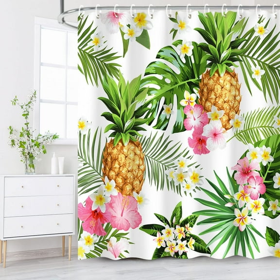 Tropical Shower Curtain, Summer Pineapple Fabric Bathroom Curtain Set with Hooks Decorative Green Leaves Pink Flowers 72x72 Inches Machine Washable