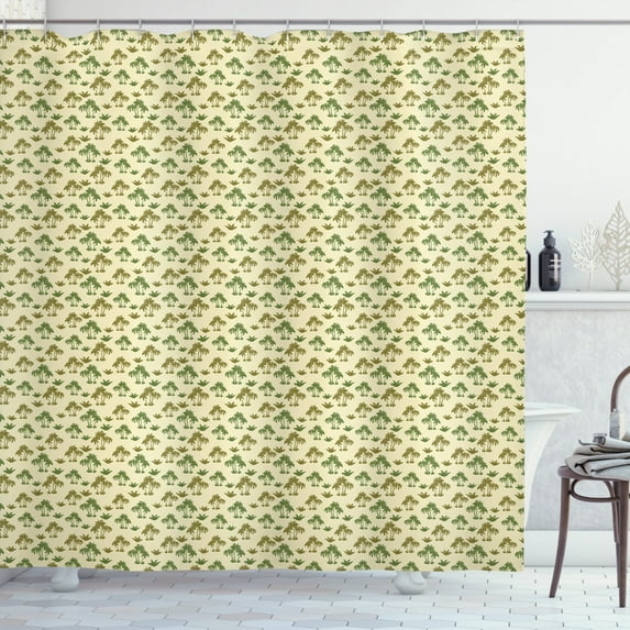 Tropical Shower Curtain, Symmetric Summer Pattern with Palm Trees in Bicolour Style, Fabric Bathroom Set with Hooks, 69W X 75L Inches Long, Cream Fawn, by Ambesonne