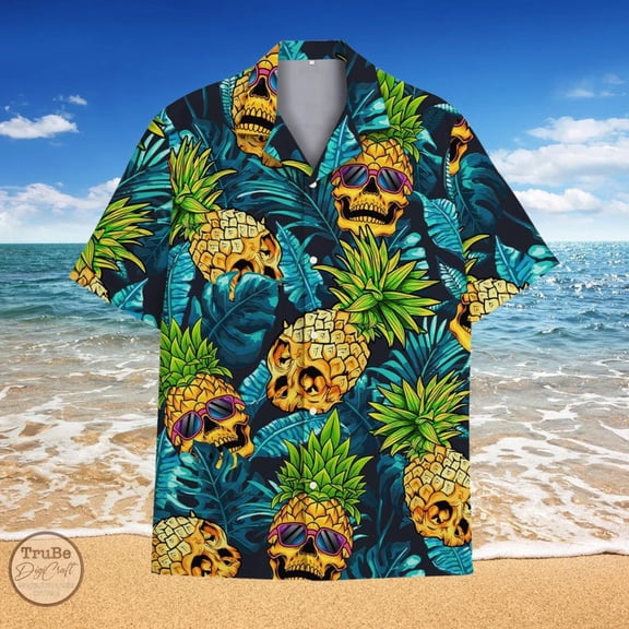Tropical Skull Pineapple Hawaii Shirt for Men Women Youth, Skull Pineapple Summer Aloha Shirt,Summer Fruit Button Shirt,Family Matching Gift