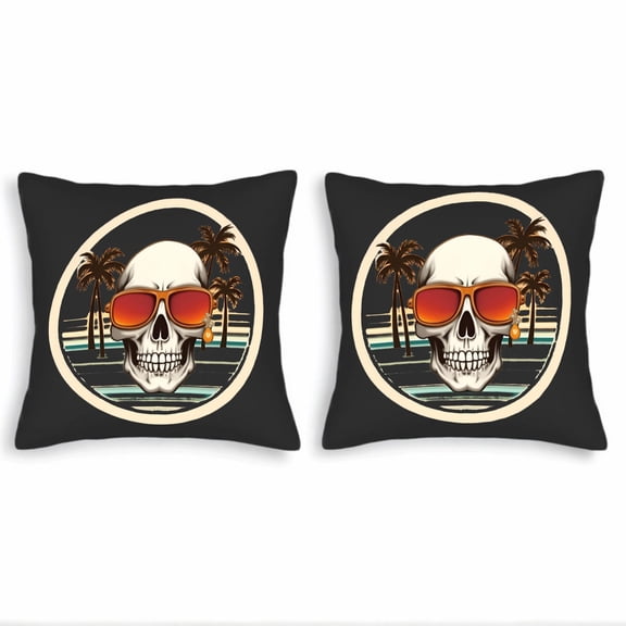 Tropical Skull Throw Pillow Covers 18x18in Set of 2 - Stylish Beach Aesthetic with Orange Sunglasses & Palm Trees for Couch Bed Car