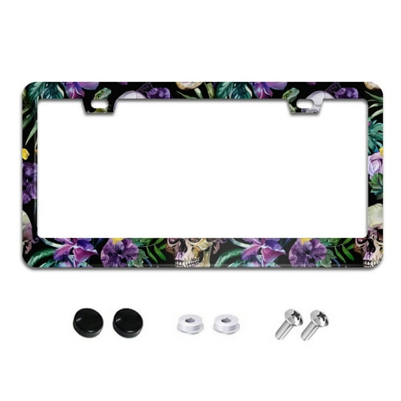 Tropical Skulls Flowers and Lizards Pattern License Plate Frames for Women Men Car Plate Holder Cover Metal Tag Aluminum Car Accessories Front Rear Plate Decor