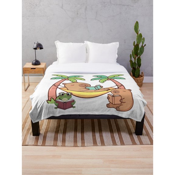 Tropical Sloth Hammock, Reading Frog and Bear Gray Fleece Blanket, Polyester Fleece Fabric, 280 GSM