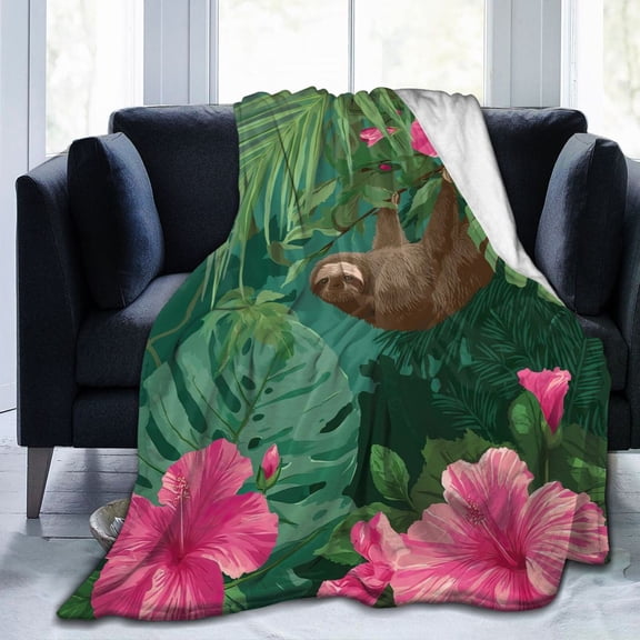 Tropical Sloth Throw Blanket, Jungle Monstera Botanical Art Soft Flannel Fleece, Summer Home Decor for Couch Sofa 50x40