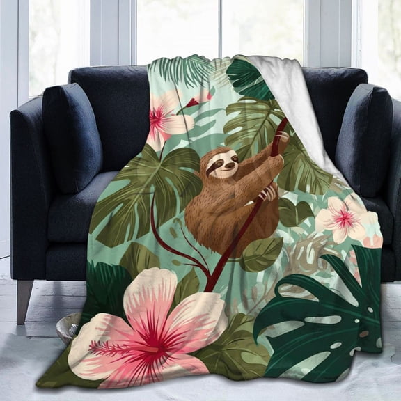 Tropical Sloth Throw Blanket, Jungle Monstera Botanical Art Soft Flannel Fleece, Summer Home Decor for Couch Sofa 50x40