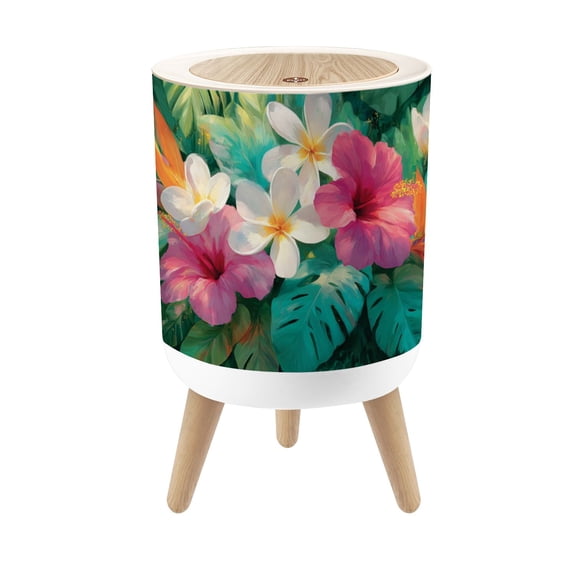 Tropical Small Trash Can with Lid Bright Botanical Watercolor Tropical Foliage 1.8 Gallon Dog Proof Trash Can Round Garbage Can Waste Bin Wastebasket for Bathroom Bedroom Living Room