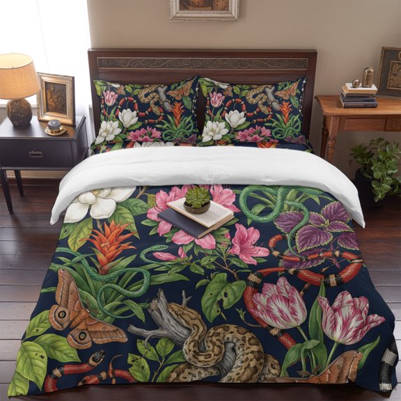 Tropical Snakes White Pink Flower Queen Size Bed Set,Vintage Green Leaves Bedding for All Seasons,4 Pcs Bed Set,1 Quiltcover (90"x90"),1 Sheet (90"x102"),2 Pillowcases (20"x30")