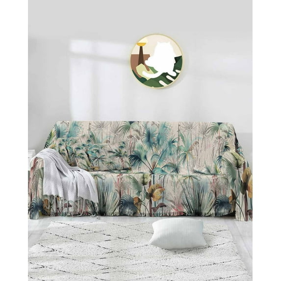 Tropical Sofa Couch Covers for 3 Cushion Couch,Washable L Shape Sectional Sofa Covers for Loverseat,Retro Teal Green Palm Coconut Trees Rustic Summer Beach Slipcover Throw Blanket Futon Cover 71x134