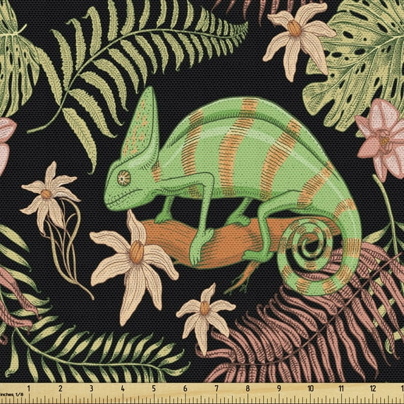 Ambesonne Tropical Fabric by the Yard Upholstery, Chameleon Lizard Exotic, 1 Yard, Charcoal Grey Multicolor