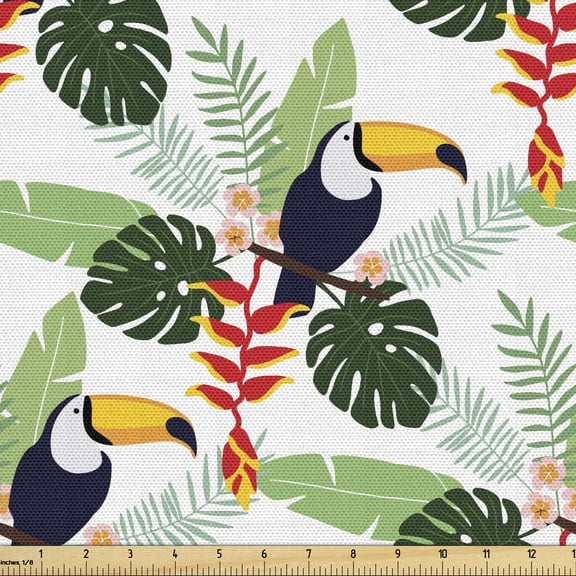 Ambesonne Tropical Fabric by the Yard Upholstery, Flowers and Toucan Birds, 1 Yard, Multicolor
