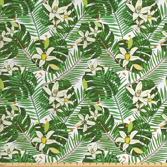 Tropical Sofa Upholstery Fabric by the Yard, Composition of Aloha Flowers and Fern Leaves Exotic Hawaiian Foliage Colorful, Decorative Fabric for DIY and Home Accents, Multicolor by Ambesonne