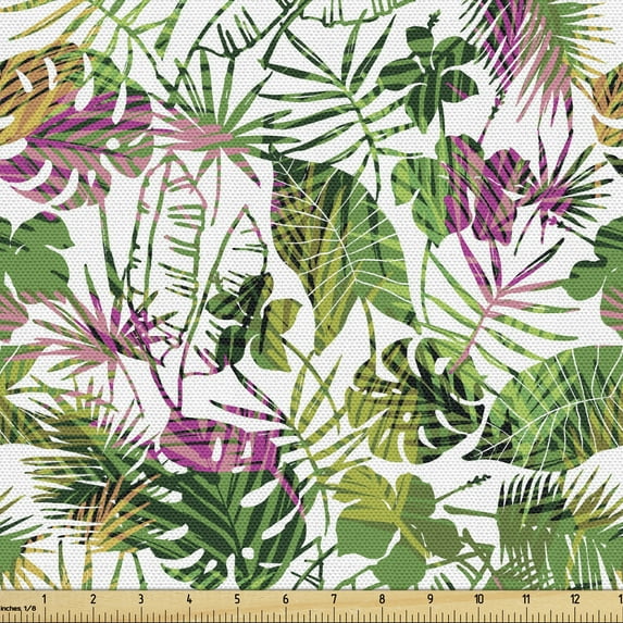 Ambesonne Tropical Fabric by the Yard Upholstery, Plants of Hawaiian Flora, 1 Yard, Green Magenta Pale Pink