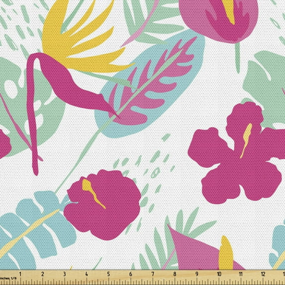 Tropical Sofa Upholstery Fabric by the Yard, Exotic Silhouettes Bird of Paradise Hibiscus, Decorative Fabric for DIY and Home Accents, Pale Seafoam Mint Green by Ambesonne