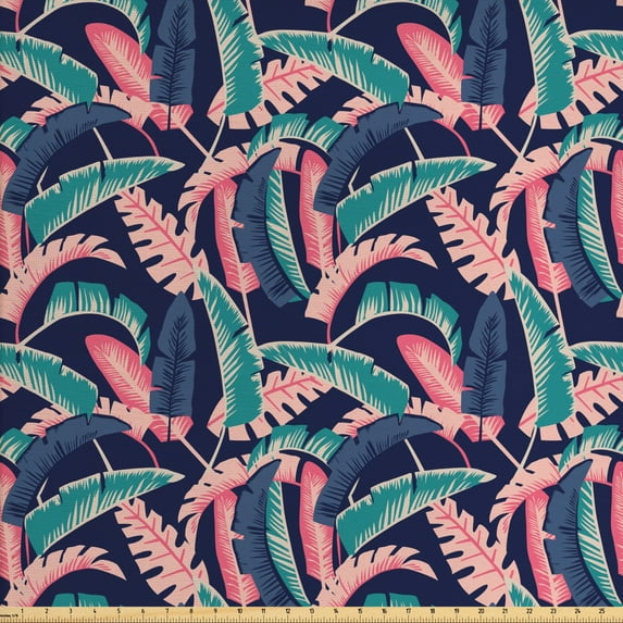 Ambesonne Tropical Fabric by the Yard Upholstery, Hawaiian Banana Leaves, 5 Yards, Dark Lavender Pale Pink