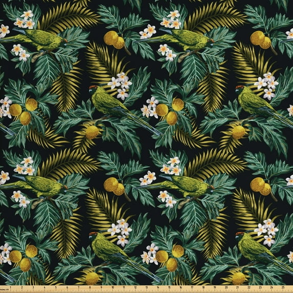 Ambesonne Tropical Fabric by the Yard Upholstery, Palm Plumeria and Bird, 5 Yards, Multicolor