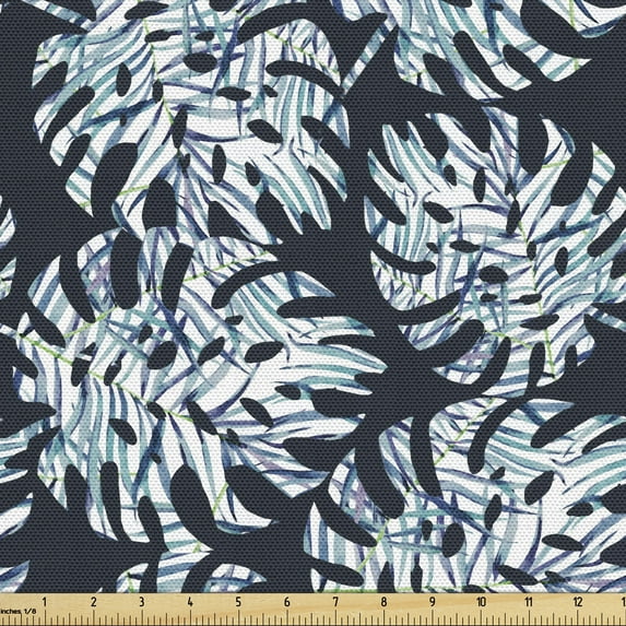 Ambesonne Tropical Fabric by the Yard Upholstery, Leaf Foliage Inner Motifs, 2 Yards, Dark Blue Grey and White