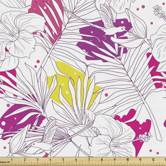 Tropical Sofa Upholstery Fabric by the Yard, Palm Leaves with Hibiscus Flowers Exotic Flora and Fauna Hawaii Sketch Design, Decorative Fabric for DIY and Home Accents, Multicolor by Ambesonne