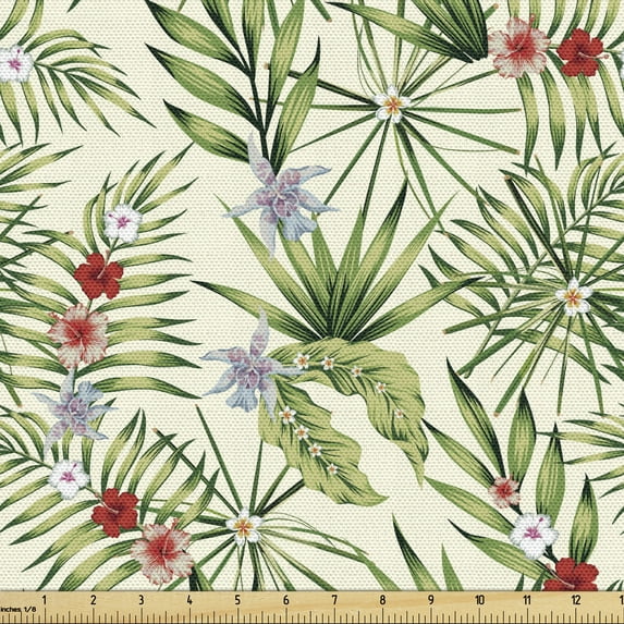 Ambesonne Tropical Fabric by the Yard Upholstery, Flowers Exotic Hawaiian, 2 Yards, Ivory and Multicolor