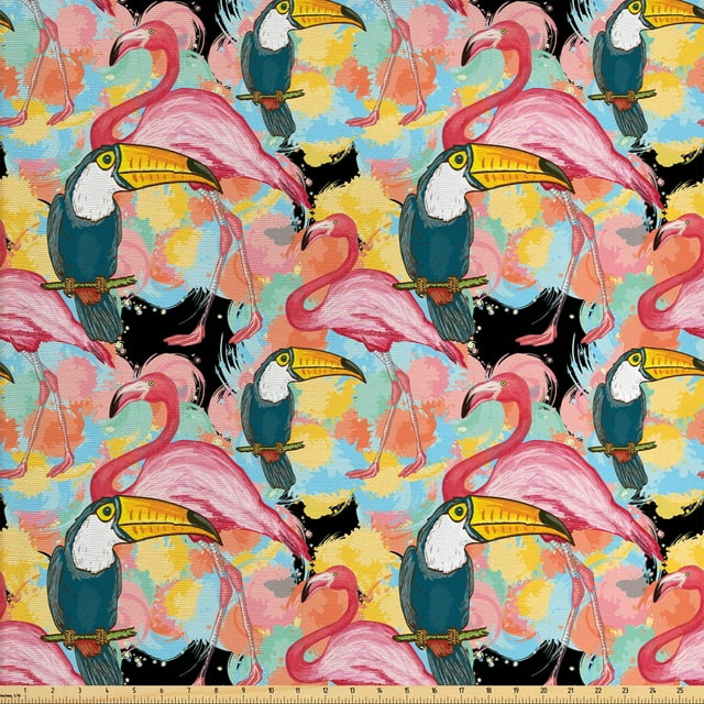 Ambesonne Tropical Fabric by the Yard Upholstery, Toucan Parrots Flamingos, 10 Yards, Multicolor