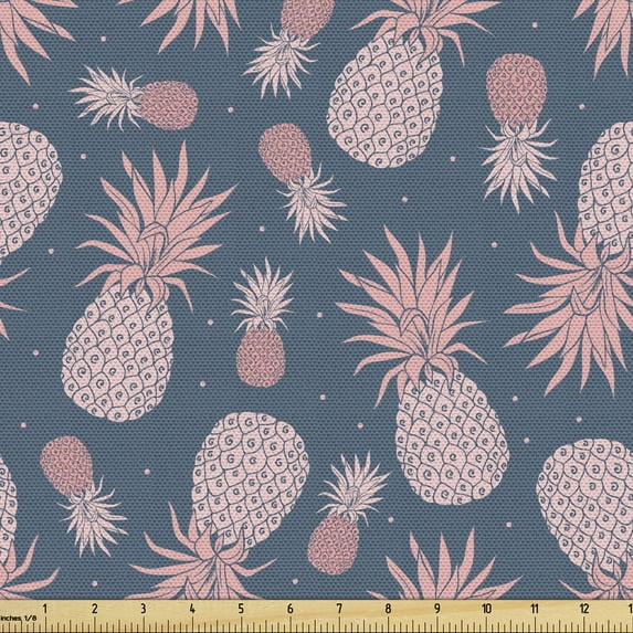 Ambesonne Tropical Fabric by the Yard Upholstery, Vintage Island Pineapples, 1 Yard, Rose and Slate Blue