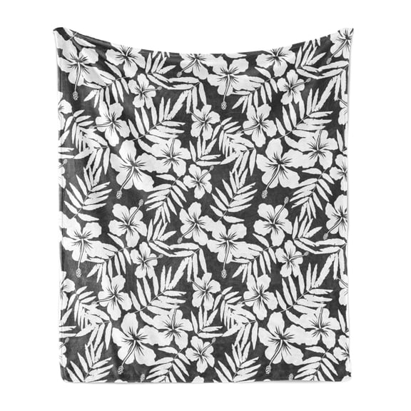 Tropical Soft Flannel Fleece Blanket, Artisan Exotic Hibiscus Flowers Fern Leaves Pattern Nature Plant Picture Art, Cozy Plush for Indoor and Outdoor Use, 50" x 60", Grey and White, by Ambesonne