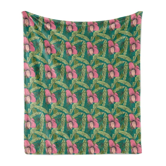 Tropical Soft Flannel Fleece Blanket, Banana Palm Leaves with Hibiscus Blooms Retro Hawaiian Forest Foliage, Cozy Plush for Indoor and Outdoor Use, 50" x 60", Teal Olive Green Pink, by Ambesonne