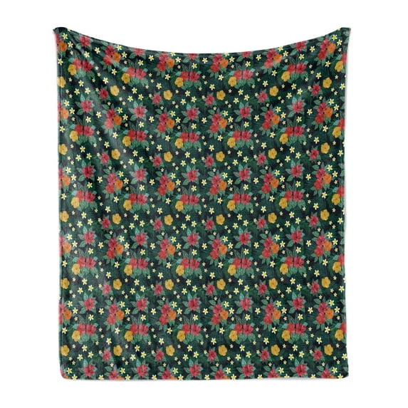Tropical Soft Flannel Fleece Blanket, Bouquet of Hibiscus and Monstera Flowers Realistic Illustration on Dark Background, Cozy Plush for Indoor and Outdoor Use, 50" x 60", Multicolor, by Ambesonne