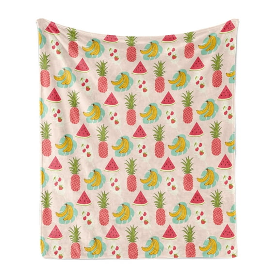 Tropical Soft Flannel Fleece Blanket, Colorful Juicy Summer Fruits Pattern as Banana Pineapple and a Slice of Watermelon, Cozy Plush for Indoor and Outdoor Use, 60" x 80", Multicolor, by Ambesonne
