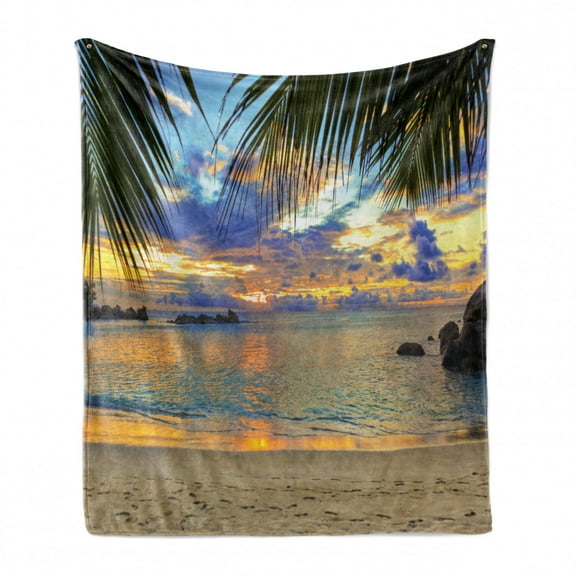 Tropical Soft Flannel Fleece Blanket, Exotic Beach Sundown Hawaii Palm Trees Foliage Idyllic Summer Nature Photography, Cozy Plush for Indoor and Outdoor Use, 60" x 80", Multicolor, by Ambesonne