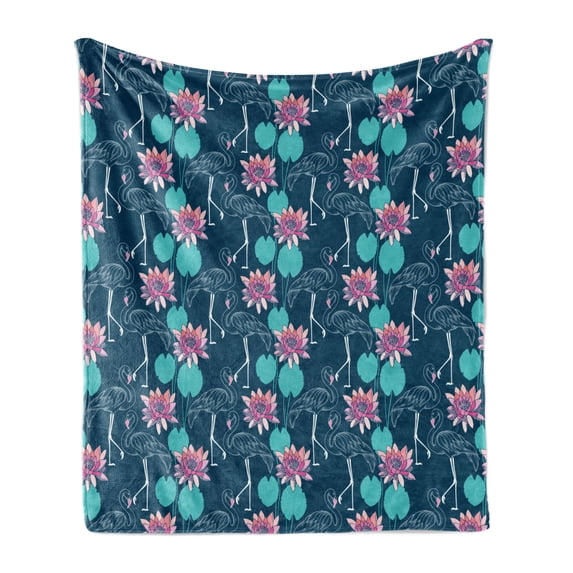 Tropical Soft Flannel Fleece Blanket, Flamingos and Water Lillies Hawaiian Exotic Arrangement of Jungle Flora and Fauna, Cozy Plush for Indoor and Outdoor Use, 50" x 70", Multicolor, by Ambesonne