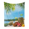thumbnail image 1 of Tropical Soft Flannel Fleece Blanket, Fresh Summer Fruits Coconut and Pineapple Drinks at Exotic Beach Palm Trees, Cozy Plush for Indoor and Outdoor Use, 70" x 90", Blue Green Brown, by Ambesonne, 1 of 5